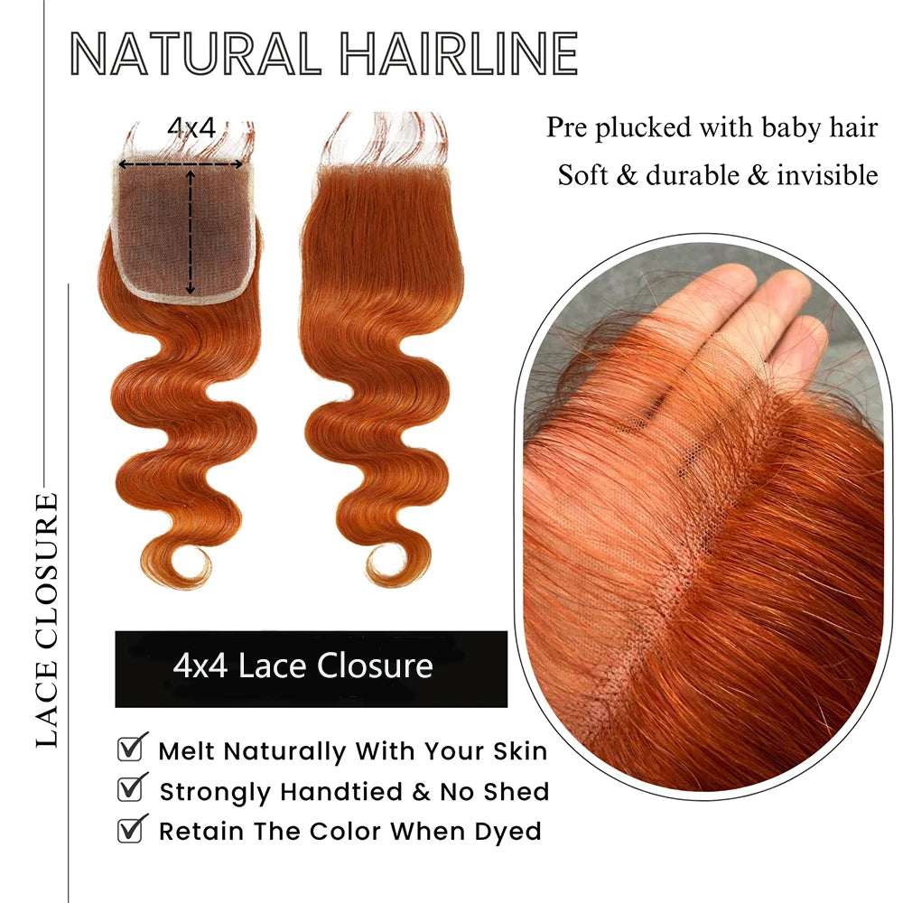 350# Ginger Orange Body Wave Lace Frontal Closure 4x4 5x5 13x4 Lace Front Closure Human Hair PrePlucked Brazilian Virgin Hair