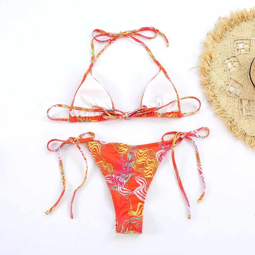 Printed Halter Lace-Up Thong Swimsuit