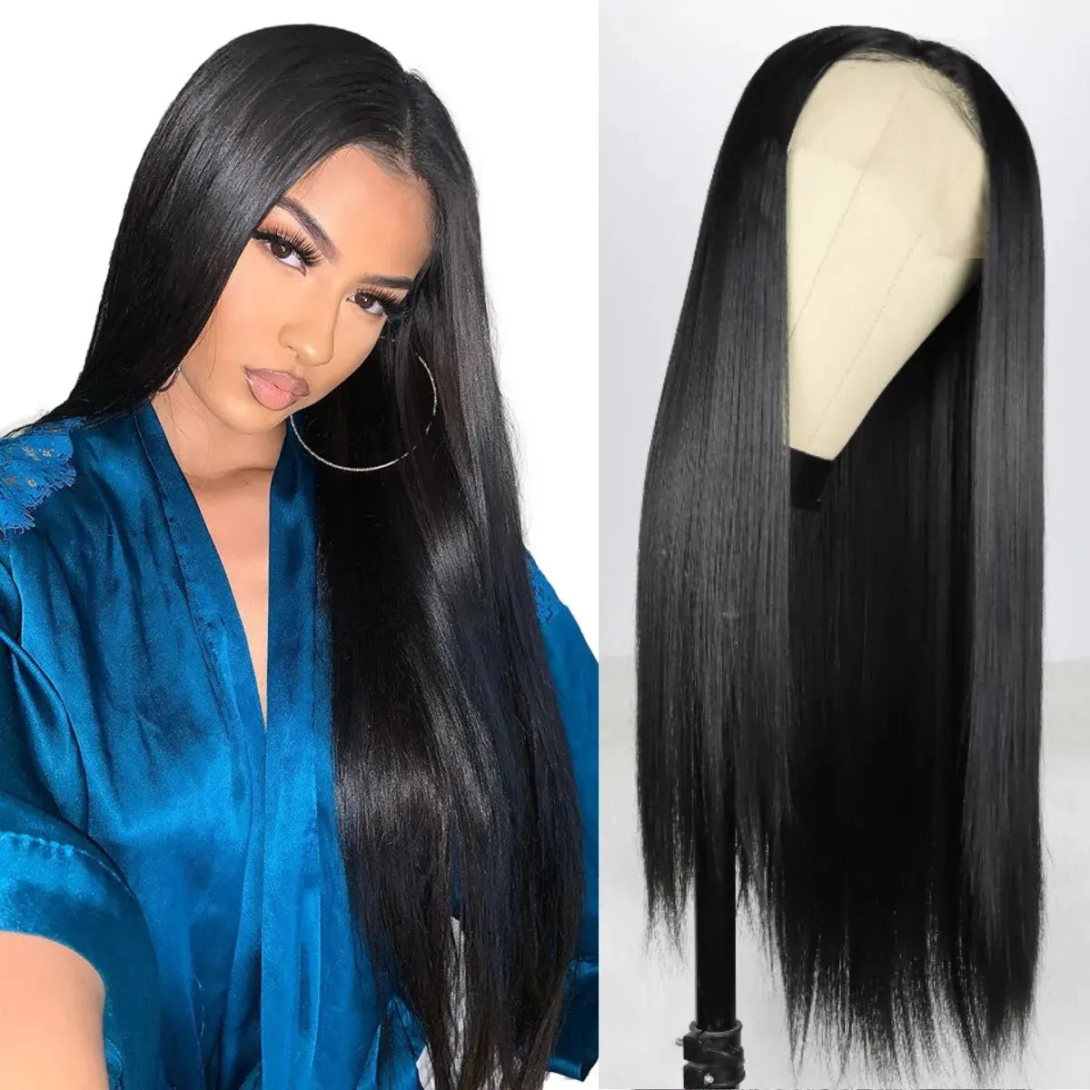 Long Straight Black Lace Front Gluless Wig
