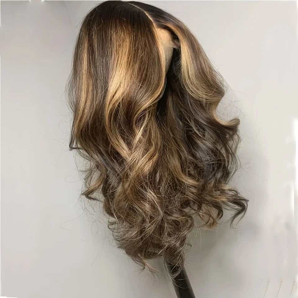 Glueless  26“Long Highlight Blonde Soft Body Wave 180Density Lace Front Wig For Women Heat Resistant Synthetic Preplucked Daily