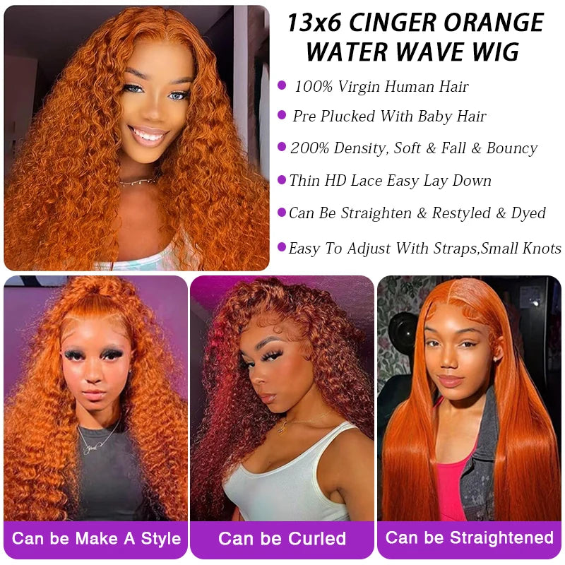 13x6 Water Wave Orange Ginger Lace Front Wig