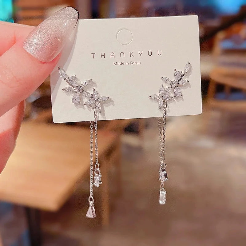 Tassel Inlaid Zircon Flower Earrings