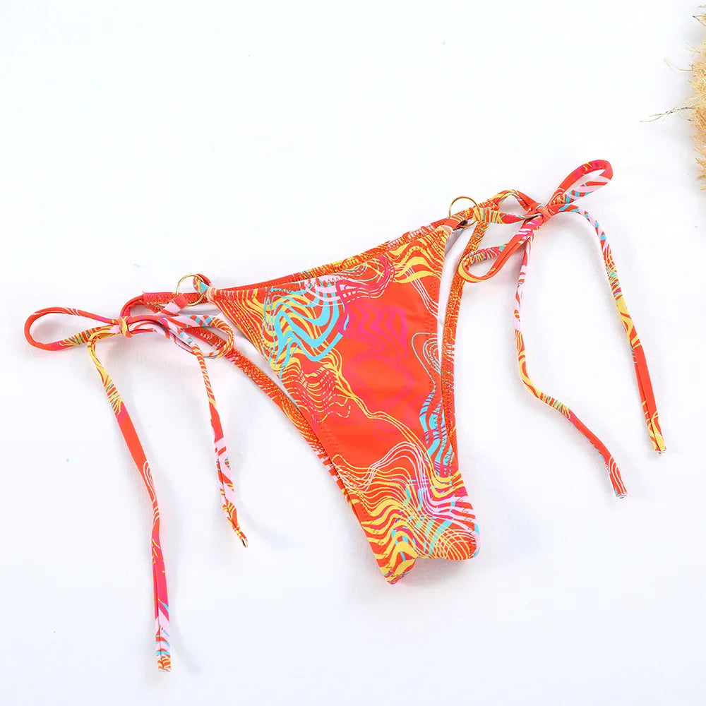 Printed Halter Lace-Up Thong Swimsuit