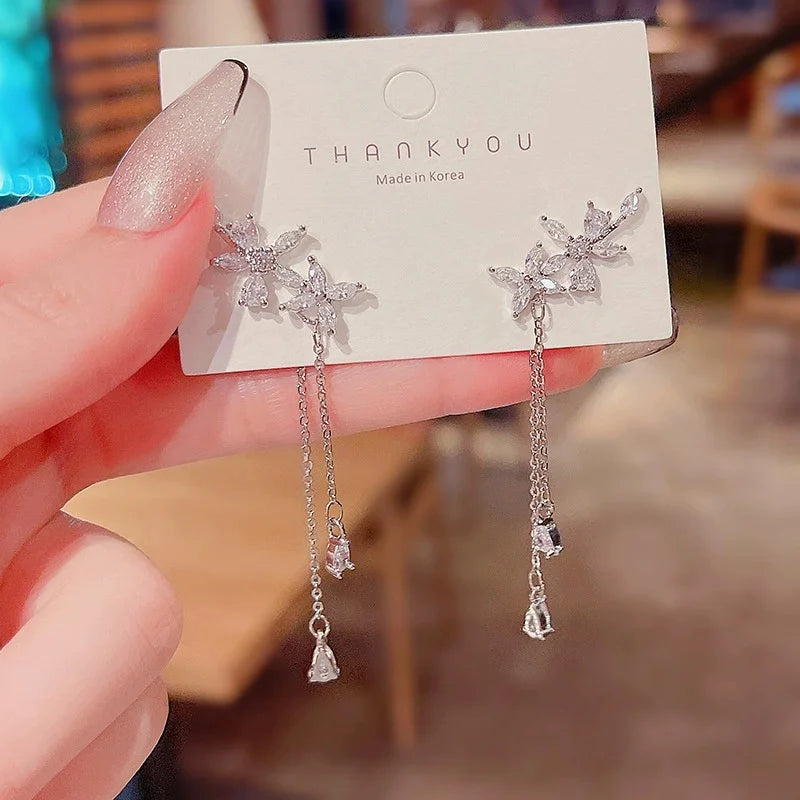 Tassel Inlaid Zircon Flower Earrings