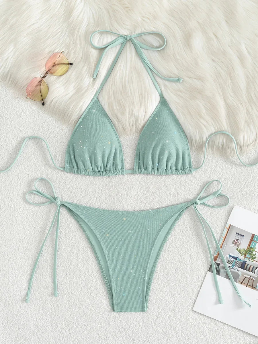 Shiny Sparkling Halter Strappy Bikini