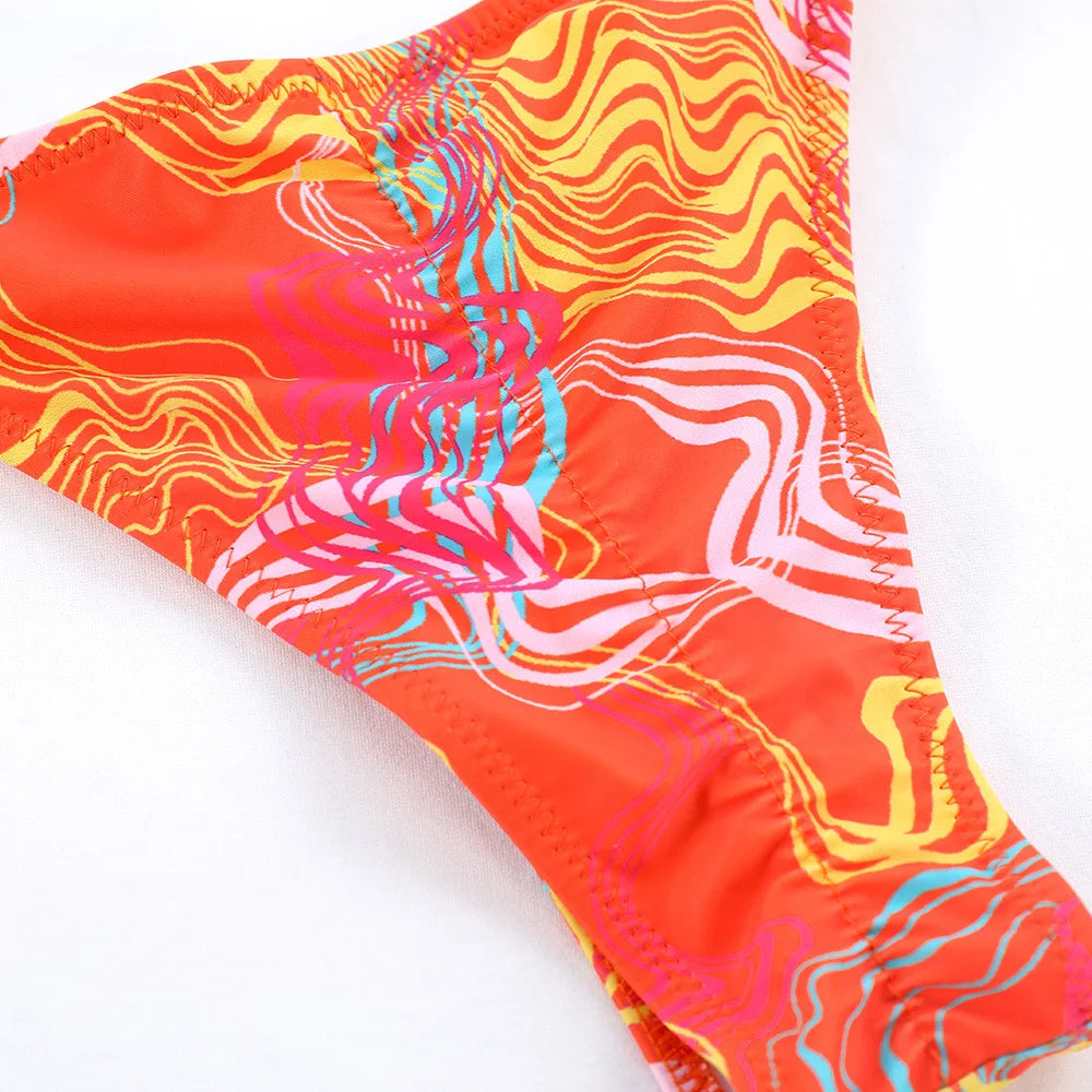 Printed Halter Lace-Up Thong Swimsuit