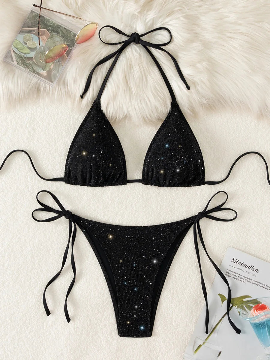 Shiny Sparkling Halter Strappy Bikini