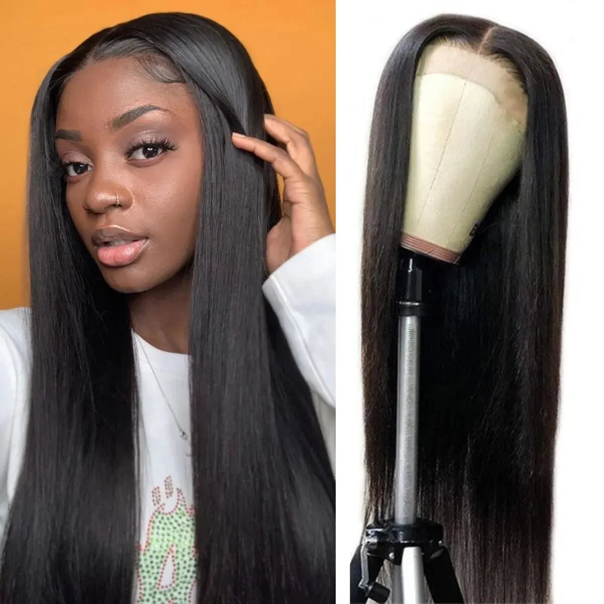 Long Straight Black Lace Front Gluless Wig
