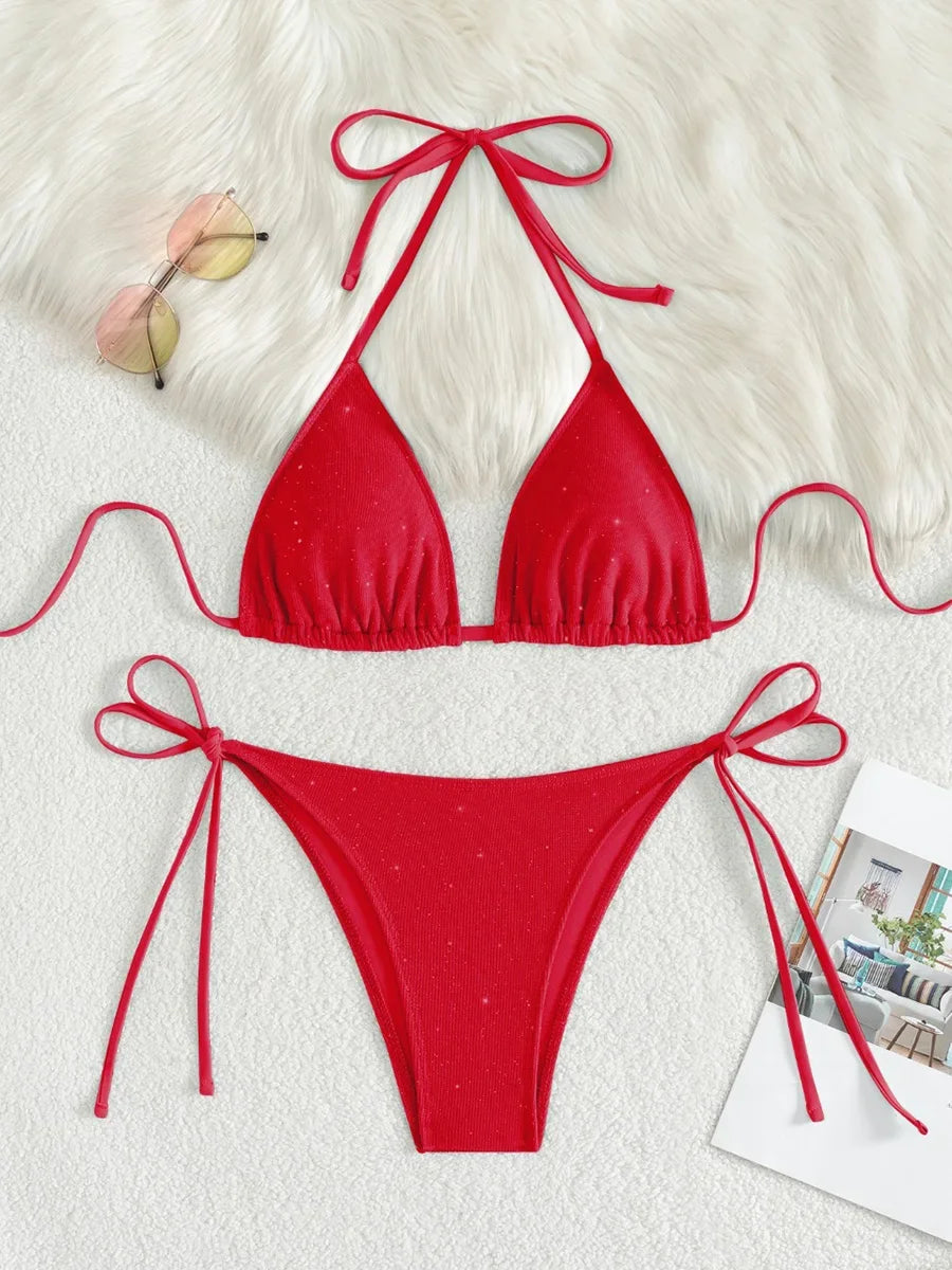 Shiny Sparkling Halter Strappy Bikini