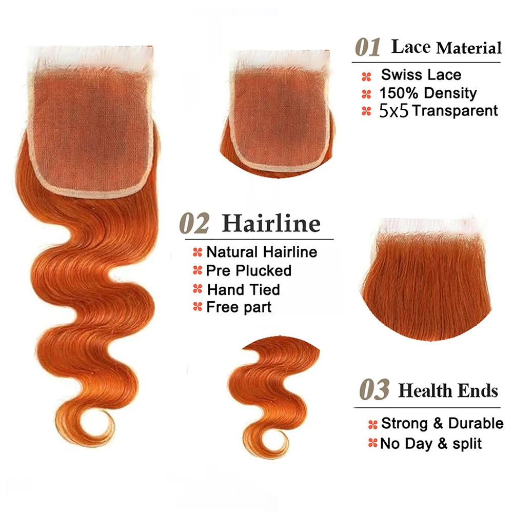 350# Ginger Orange Body Wave Lace Frontal Closure 4x4 5x5 13x4 Lace Front Closure Human Hair PrePlucked Brazilian Virgin Hair