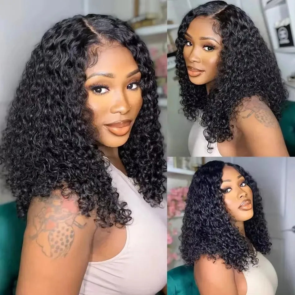 Kinky Curly Short Bob Blunt Cut 13X4X1 Full HD Lace Frontal Synthetic Wig For Women Prepluck With Bleached Knots Glueless Wigs