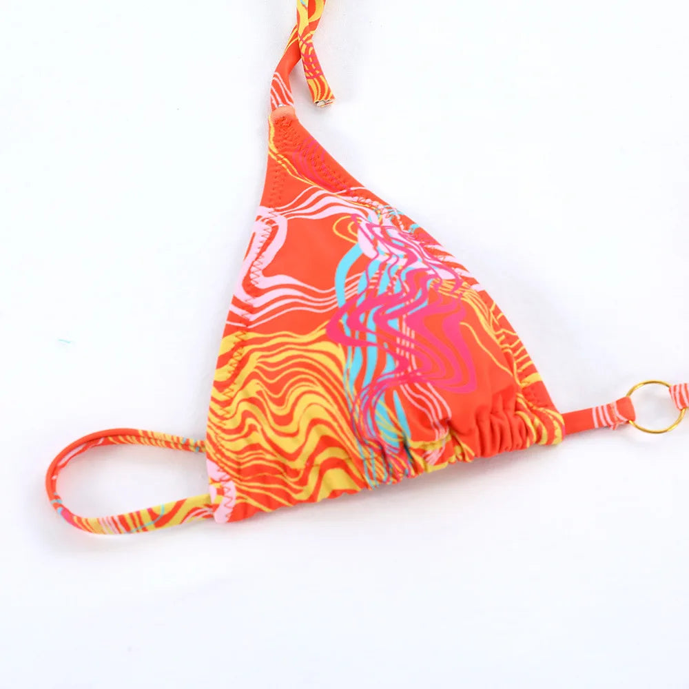 Printed Halter Lace-Up Thong Swimsuit