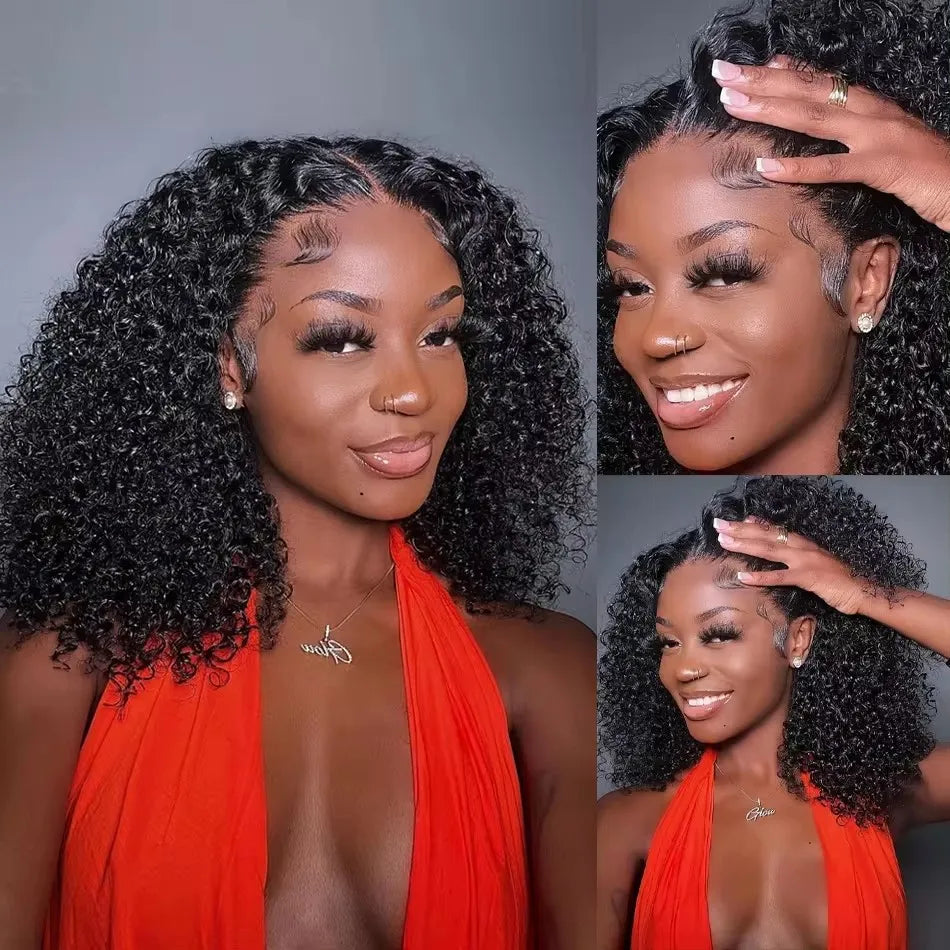 Kinky Curly Short Bob Blunt Cut 13X4X1 Full HD Lace Frontal Synthetic Wig For Women Prepluck With Bleached Knots Glueless Wigs